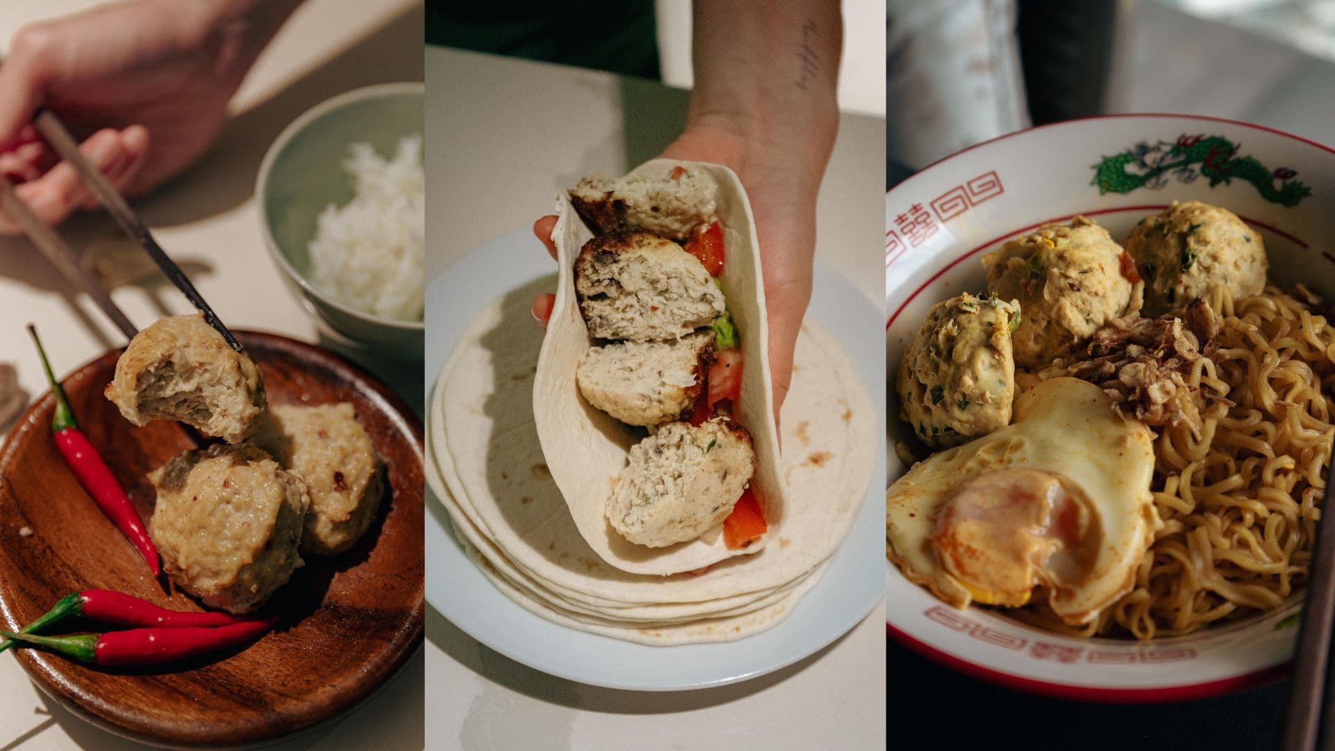 Three ways to enjoy nombo chicken meatballs: with chilli, in a wrap, and with noodles