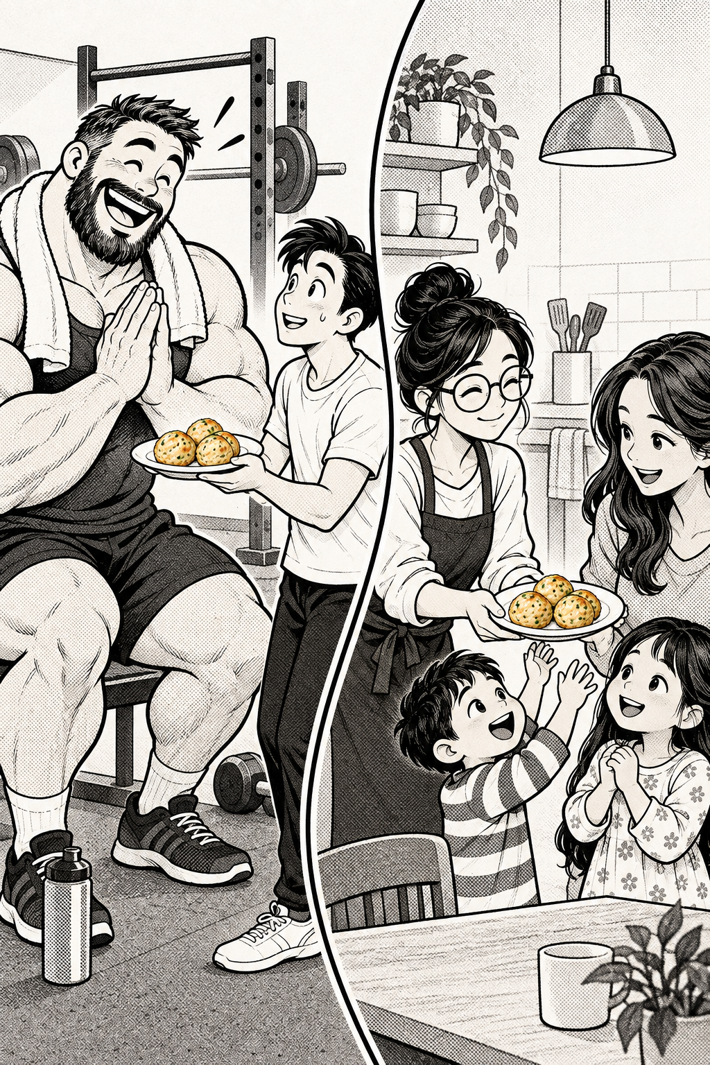 The founders share nombo meatballs with a muscular gym-goer and a mother with children.