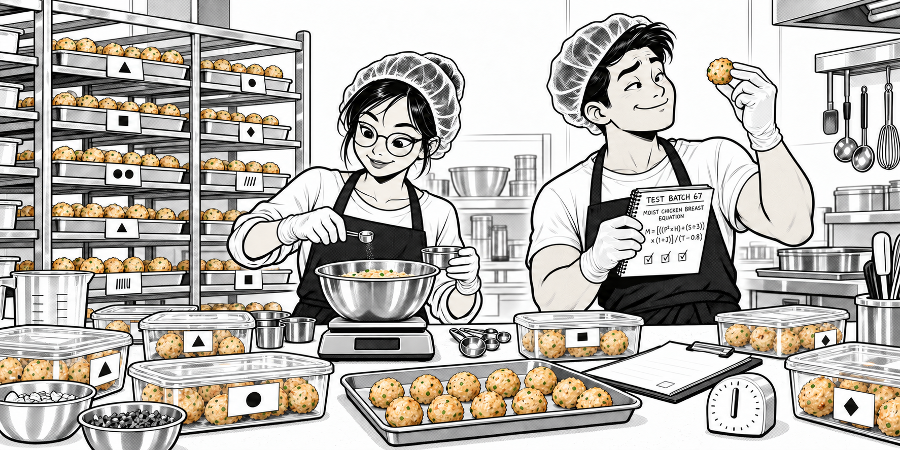 The founders in hairnets and gloves carefully testing meatball batches.
