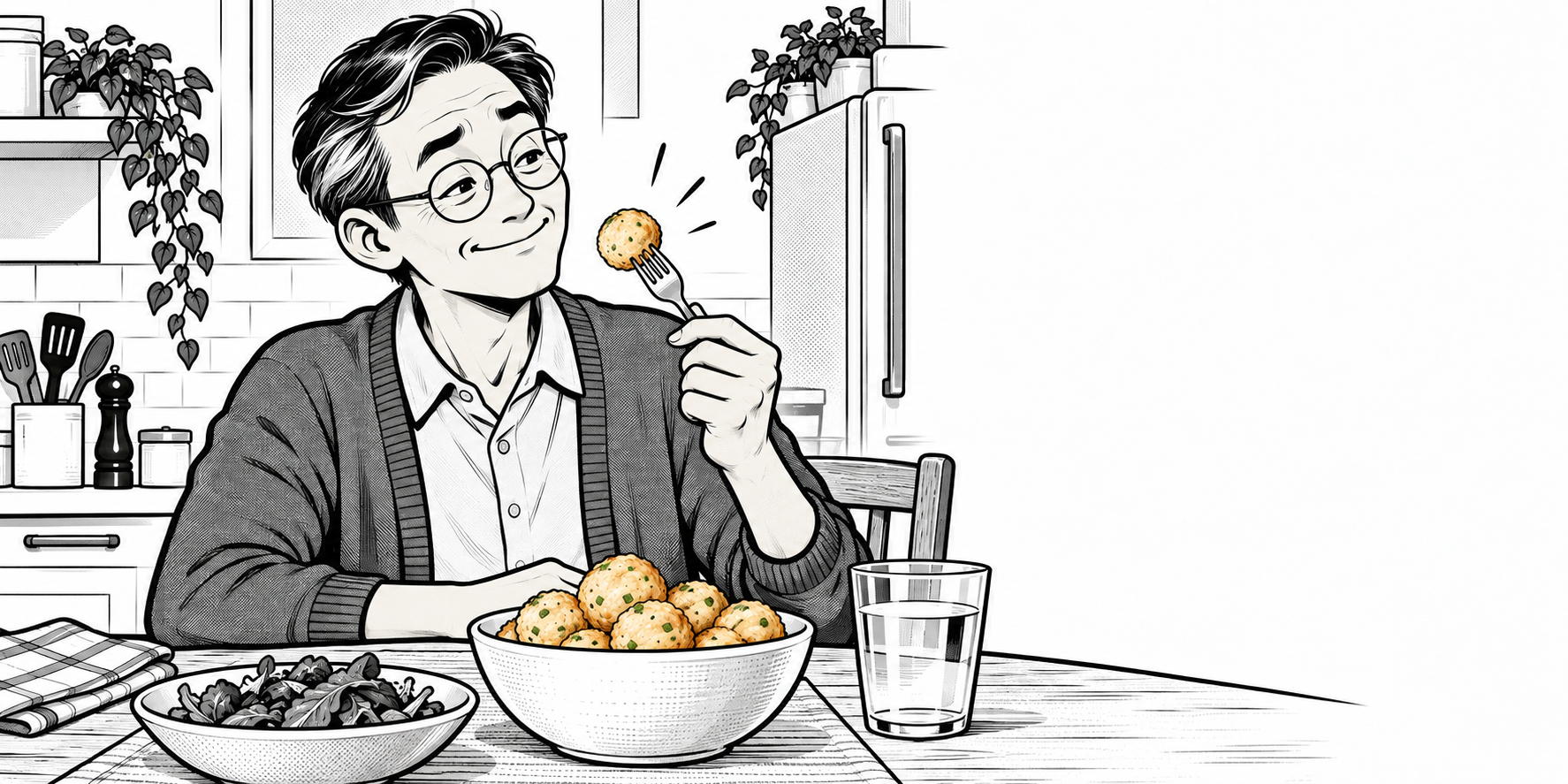 A skinny father wearing glasses enjoying nombo meatballs for supper.