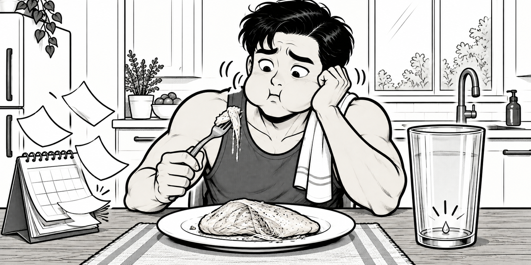 A comic illustration of dry chicken breast being difficult to chew.
