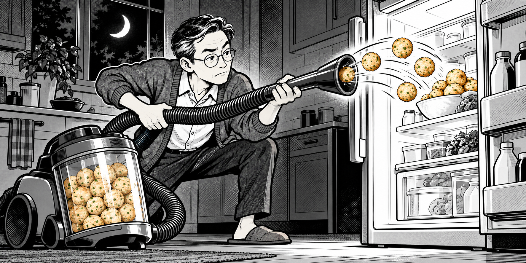 The father using a vacuum cleaner in an elaborate attempt to take nombo meatballs.