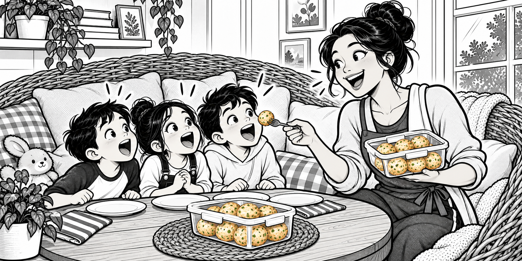 A funny comic illustration of a mother feeding nombo meatballs to three young children.