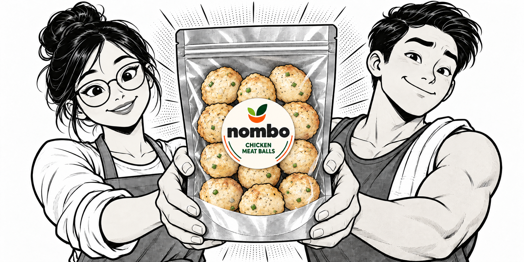 A comic illustration of the final nombo product pack.