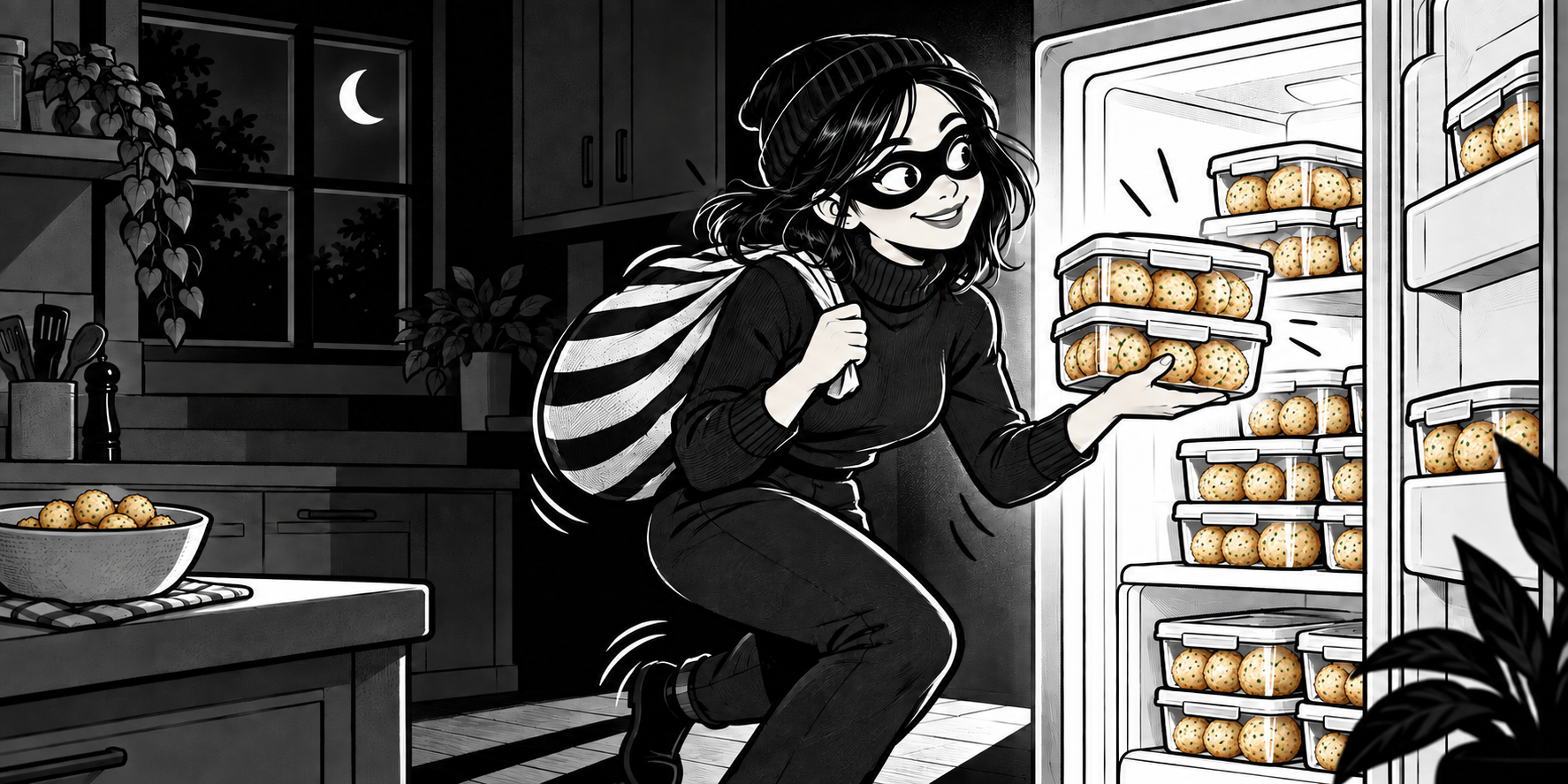 The girlfriend in a burglar costume sneaking nombo meatballs from the refrigerator.
