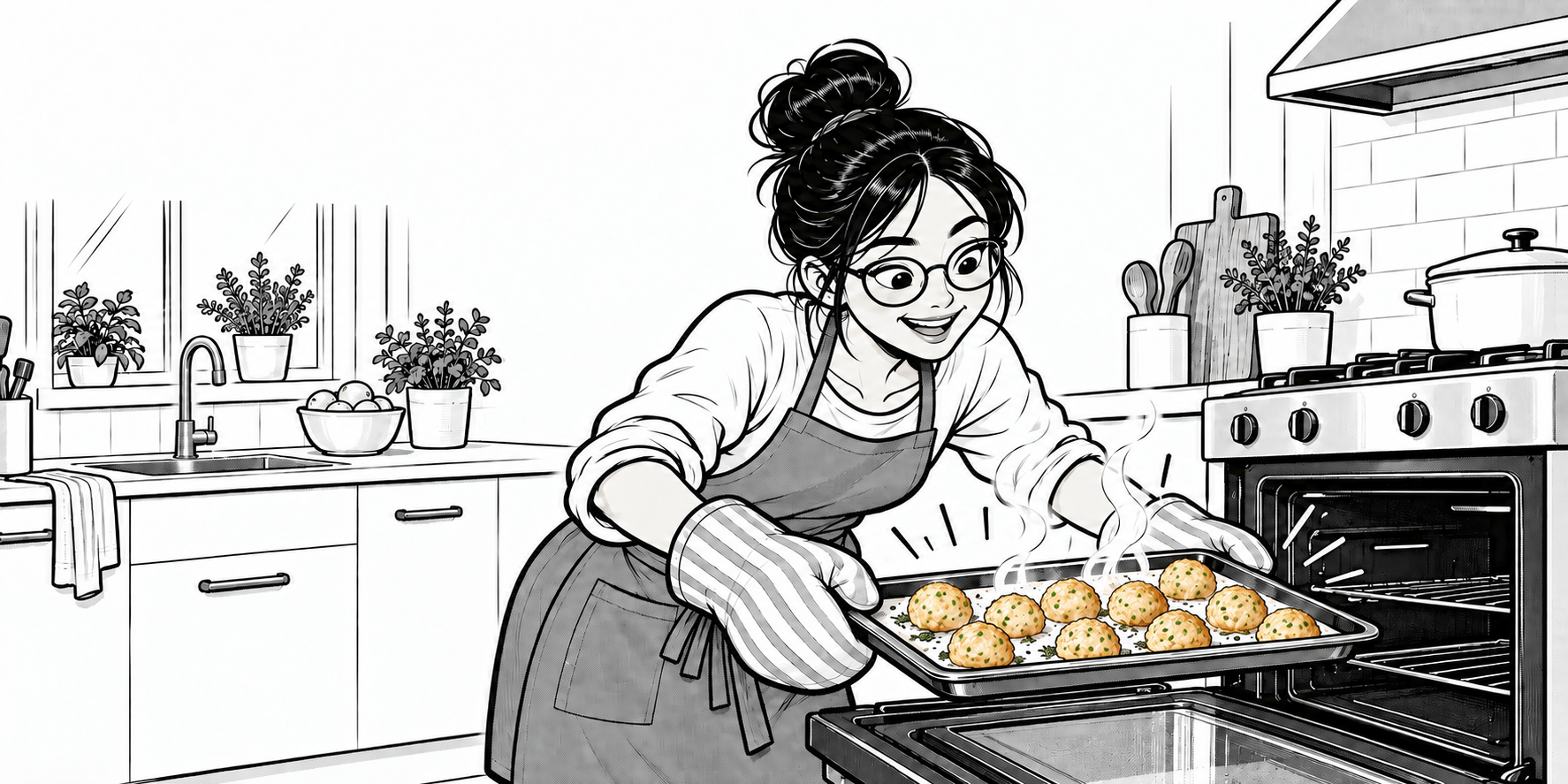 The sister taking a tray of nombo meatballs from the oven.