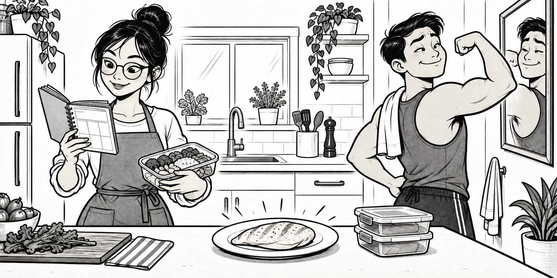 A comic illustration of the two nombo founders, one meal-prepping and one flexing in a mirror.