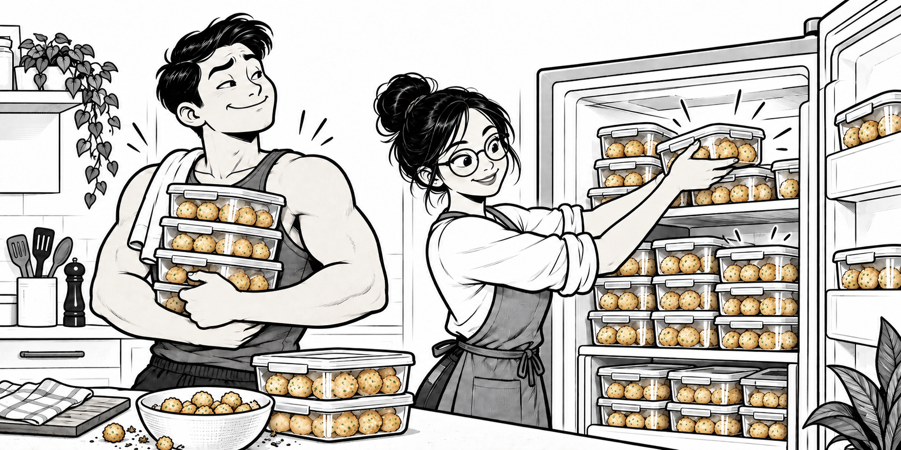 The founders proudly storing a large hoard of nombo meatballs in the freezer.