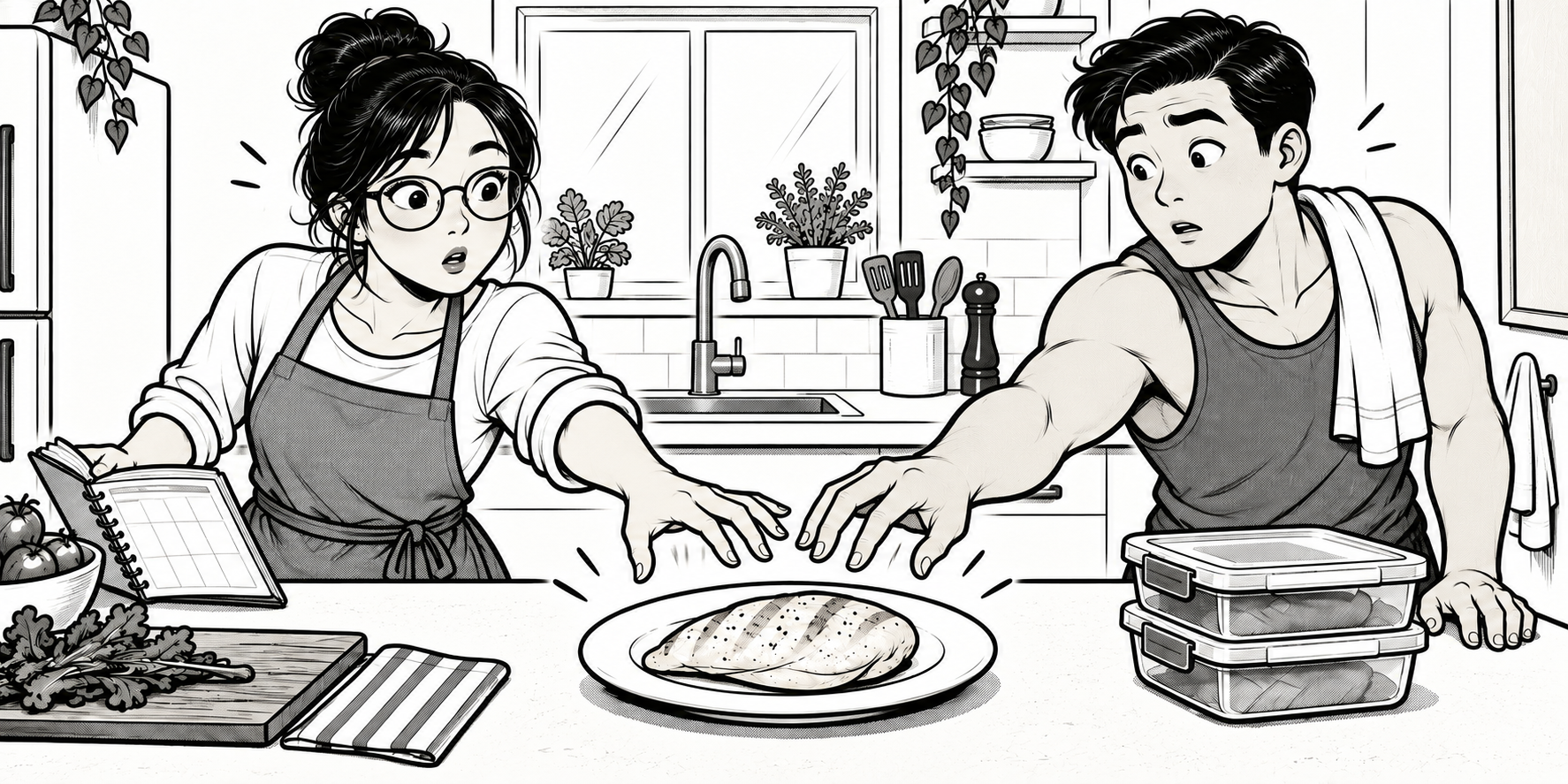 A comic illustration of both founders reaching for chicken breast.