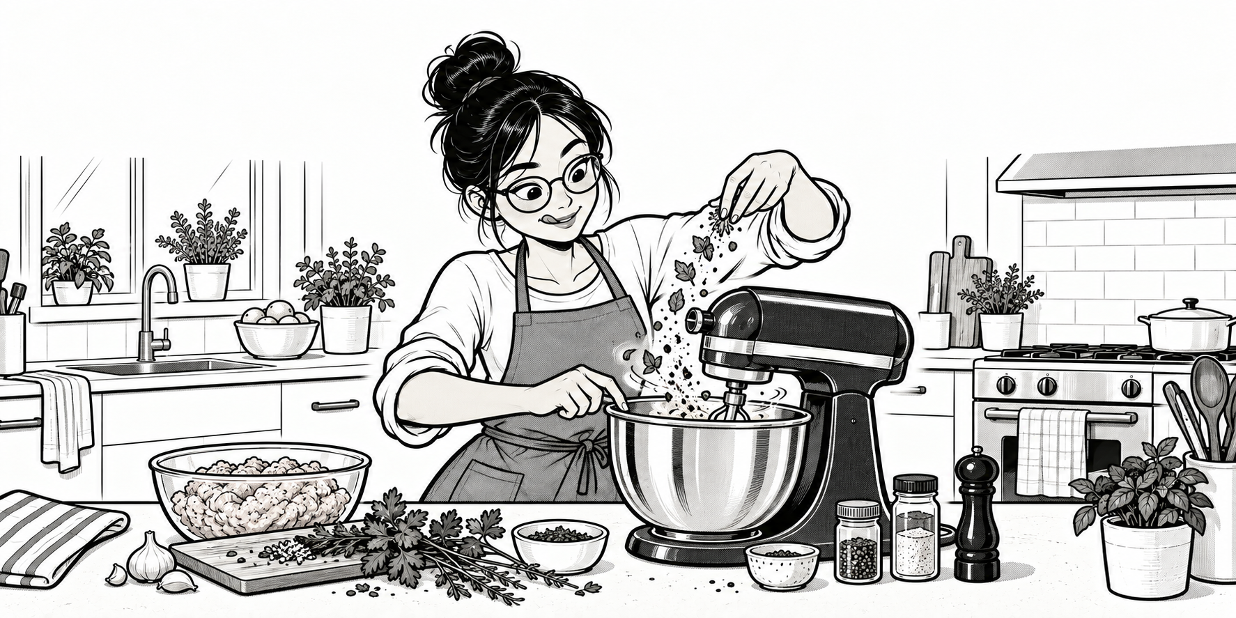 The sister mixing chicken, herbs, and spices in a stand mixer.